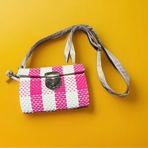 Pink and White Woven Shoulder Bag